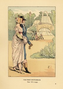 Modisches Paar auf der Achterbahn der Russischen Berge, Les Montagnes Russes in Belleville, gebaut 1812. (Die erste Achterbahn, Jahr VII)