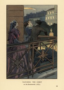 Modische Leute beobachten den Kometen von 1857 von einem Boulevardbalkon in Paris. Frau in Krinoline mit Fernglas. Handkolorierte Lithographie von R.V. nach einer Illustration von Francois Courboin aus Octave Uzannes Mode in Paris, William Heinemann, Londo