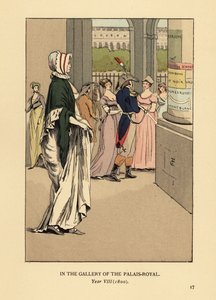 Modische Frau spaziert durch die Galerie des Palais Royal, Paris, Jahr VIII von François Courboin