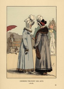 Modische Frauen mit Federhüten, Spitzenkragen und pelzbesetzten Kleidern. Überquerung der Pont des Arts, Paris von François Courboin