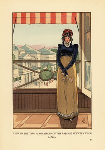 Frau am Fenster mit Blick auf die Panoramen und den Passage des Panoramas, am Boulevard Montmartre, Paris