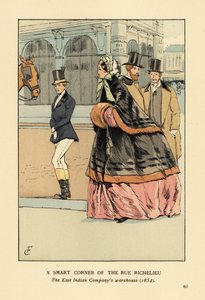 Frau im Pelzbesetzten Umhang und Muff über einem weiten Reifrock, mit einer anderen Frau in Reitkleidung. Eine schicke Ecke der Rue de Richelieu, das Lagerhaus der Ostindien-Kompanie, Paris