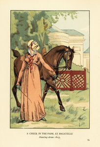 Frau in Jagdkleidung, Haube und Tuch führt ein Pferd im Parc de Bagatelle, Bois de Boulogne, Paris