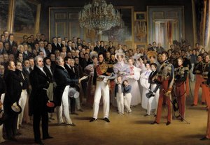 Revolution von 1830: Die Kammer der Deputierten überreicht dem Herzog von Orléans, Louis Philippe I (1773-1850), das Dokument, das ihn auf den Thron ruft, und die Charta von 1830 im Königspalast am 7. August 1830 (Detail) von François Joseph Heim