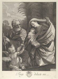 Die Flucht nach Ägypten, die Heilige Familie geht zusammen, Heiliger Josef zeigt auf...