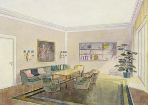 1930er Jahre Innenräume: Empfangsraum (Farblithografie)