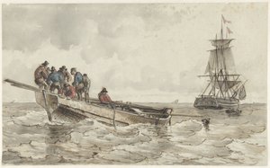 Acht Männer in einem Ruderboot bei einem Segelschiff von Frans Arnold Breuhaus de Groot