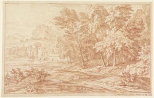 Landschaft mit Fluss und Brücke mit rundem Turm von Frans Boudewijns