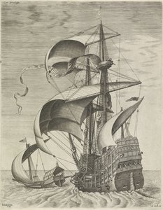 Ein Kriegsschiff begleitet von einer Galeere