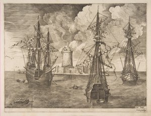 Viermaster links und zwei Dreimaster vor einer befestigten Insel mit einem Leuchtturm verankert, 1561-65 von Frans Huys