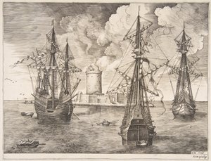 Viermaster und zwei Dreimaster vor einer befestigten Insel, aus The Sailing Ves..., 1561-65 von Frans Huys