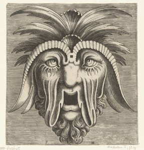 Maske mit offenem, zahnlosem Mund, hängenden Wangen und Haarschöpfen von Frans Huys
