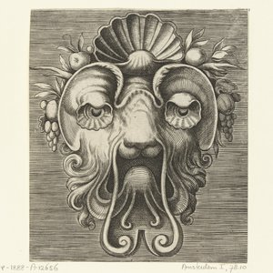 Maske mit muschelförmigen Augen und einer Muschel zwischen Fruchttrauben auf der Stirn von Frans Huys