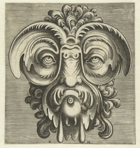 Maske mit Tellern um die Augen und einem Büschel Locken auf dem Kopf
Pourtraicture ingenieuse de plusieurs facons de masques… (Serientitel) von Frans Huys