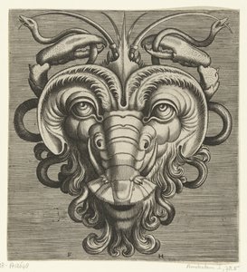 Maske mit zwei Hummerscheren, die Schlangen halten
Pourtraicture ingenieuse de plusieurs facons de masques… (Serientitel) von Frans Huys