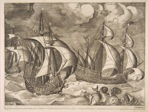 Drei Karavellen in einem aufkommenden Sturm mit Arion auf einem Delfin aus Die Segelschiffe, 1561-65