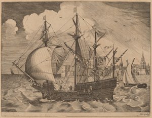 Bewaffneter Viermaster, der in See sticht von Frans Huys after Pieter Bruegel the Elder