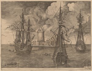 Viermaster (links) und zwei Dreimaster vor einer befestigten Insel mit Leuchtturm von Frans Huys after Pieter Bruegel the Elder