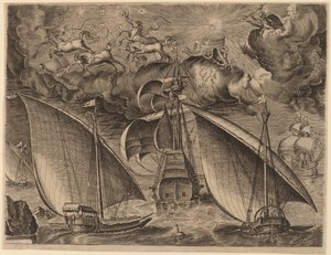 Zwei Galeeren hinter einem bewaffneten Dreimaster mit Phaethon und Jupiter am Himmel von Frans Huys after Pieter Bruegel the Elder