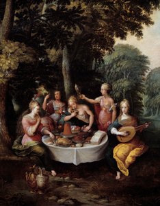 Die fünf Sinne: junge Frauen in einer Landschaft mit Bankett (Geschmack), Musik (Hören), Spiegel (Sehen), Blumenstrauß (Riechen) und Liebkosung (Tasten) (Detail)