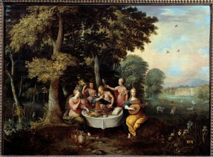 Die fünf Sinne: junge Frauen in einer Landschaft mit Bankett (Geschmack), Musik (Hören), Spiegel (Sehen), Blumenstrauß (Riechen) und Streicheln (Tasten)