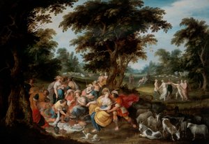 Arkadia: Eine pastorale Landschaft mit Hirten und Hirtin beim Picknick