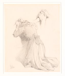 Ein Blatt mit fünf Bleistiftskizzen. Frauenfiguren. Studie von Händen. von Frans Schwartz