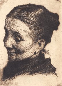 Kopf einer älteren Frau, nach links gewandt, mit gesenktem Blick
