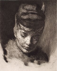 Junges Mädchen mit Haube und Schleier
