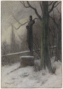Kruzifix in einem verschneiten Wald