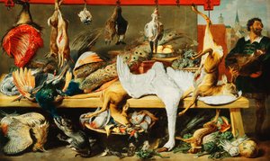 Ein Metzgerstand mit Katzen und Kätzchen, die spielen, und ein Metzger, der einen Eberkopf hält