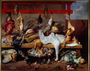 Küchentisch mit Wild, Fisch und Gemüse