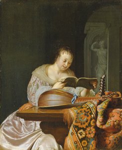 Ein Innenraum mit einer Frau, die Musik an einem teilweise bedeckten Tisch mit einer Doppelhalslaute liest, 1671