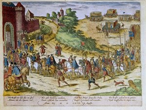 Einzug von Herzog Ferdinand Alvare von Toledo oder Fernando Alvarez de Toledo y Pimentel (1508-1582), 3. Herzog von Alba de Tormes, in Brüssel am 08.08.1567 mit der spanischen Armee. 1653 Druck von Franz Hogenberg (1535-1590) Kabinett der Drucke, B.N., Par von Franz (after) Hogenberg