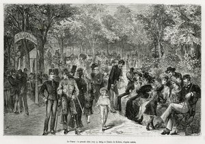 Der Prater: die große Allee. Gravur von Kollarz, um die Geschichte Wien und seine Vororte zu illustrieren, von M. Newlinski, im Jahr 1881, veröffentlicht in Le tour du monde, unter der Leitung von Edouard Charton (1807-1890). von Franz (after) Kollarz