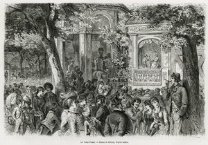 Der Volksprater: beliebter Teil des Hauptpraters, bietet zahlreiche Ablenkungen, Zirkus, Orchester und Puppentheater. Gravur von Kollarz, zur Illustration der Geschichte Wien und seine Vororte, von M. Newlinski, im Jahr 1881, veröffentlicht in Le tour du m von Franz (after) Kollarz