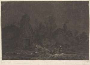 Mondlichtszene mit Figuren vor einer Hütte