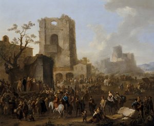 Eine italienische Stadtansicht mit tanzenden Figuren von Franz Ferg