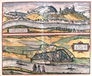 Genaue Übersicht der Stadt Saarburg und der Stadt Pfaltz an der Mosel, Deutschland (Gravur) von Franz Hogenberg