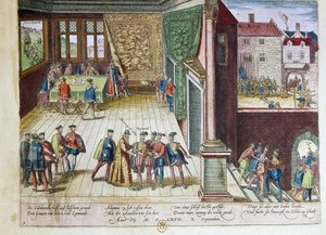 Verhaftung von Lamoral, Graf von Egmont (1522-1568) und Philippe de Montmorency (1524-1568), Graf von Hornes (Hoorn) wegen ihrer Stellungnahme gegen König Philipp II. von Spanien (1527-1598). Sie werden 1568 hingerichtet (oben rechts) 1653