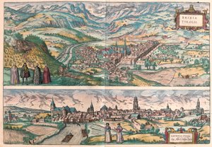 Brixen (Bressanone), Italien und Lauingen, Donau, Deutschland (Stich) von Franz Hogenberg