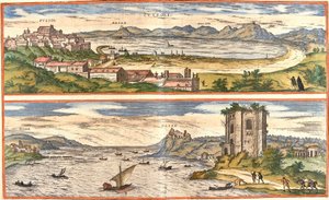 Ansichten von Pozzuoli (Puteoli) und Baiae (heutiges Baia), Italien, mit den antiken Überresten der Thermen des Golfs von Neapel und einer Festung