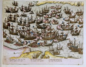 Die Niederlage der unbesiegbaren spanischen Armada an den englischen Küsten am 08.08.1588, Illustration von 1653 (Gravur) von Franz Hogenberg
