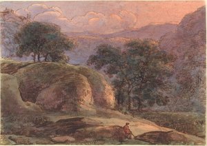 Reisender in einer bergigen Landschaft bei Sonnenuntergang