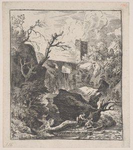 Tafel 2: zwei Figuren sitzen auf einem Baumstamm am Ufer eines Baches im Vordergrund, ca. 1700-25