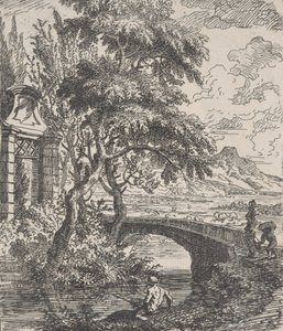Tafel 7: zwei Figuren rechts, die im Begriff sind, eine Steinbrücke zu überqueren, ein Fischer im Vordergrund