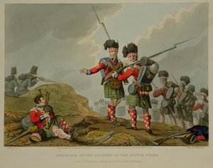 Anekdote über die Tapferkeit des schottischen Dudelsackspielers des 11. Highland Regiments in der Schlacht von Vimiero, graviert von John Heaviside Clark und Matthew Dubourg von Franz Joseph Manskirch