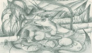 Hirsch und Hirschkuh in Urlandschaft von Franz Marc