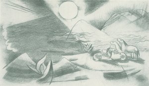 Urlandschaft mit Sonne, Bergen, einer Pferdegruppe von Franz Marc
