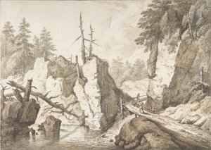 Schweizer Berglandschaft mit kleiner Brücke über einen Bach, 1751-81